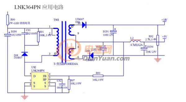 电磁炉中电源管理芯片lnk364pn的应用电路如下:除过钳位电路外,所需