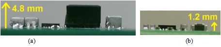 500kHz时12 VIN，10 AOUT降压变换器(a)和每相2MHz时串联电容器(b)的高度对比