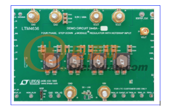 4 个并联 LTM4636 每个都具精确电流均分能力和高效率，12VIN 至 0.9VOUT，160A