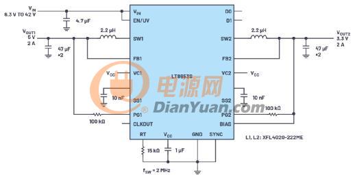 具有6.2 µA静态电流的双通道、42 V、2 A、单片、同步降压型Silent Switcher 2稳压器