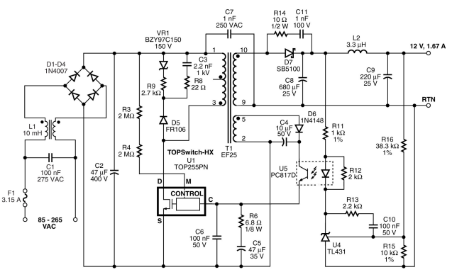 TOP255PN设计的12V/20W电源-电源网