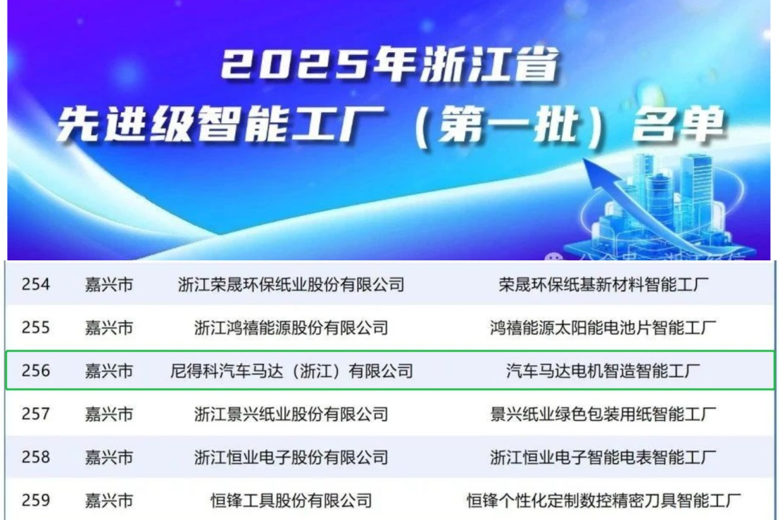 尼得科汽車馬達（浙江）有限公司再添新榮譽——先進級智能工廠