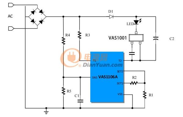 VAS1106A+VAS1001無頻閃調(diào)光方案典型電路示意圖