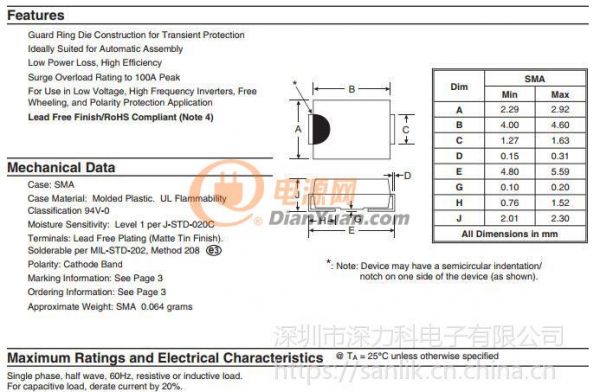 B340A-13-F原装DIODES 表面贴装 肖特基二极管整流器 40V 3A SMA-电源网